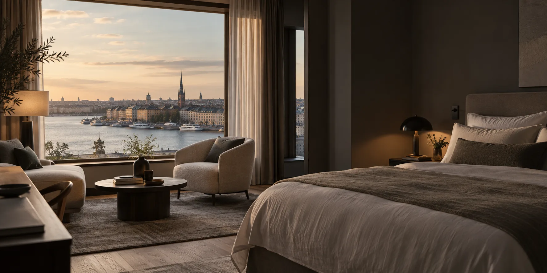 A hotel room overlooking the water