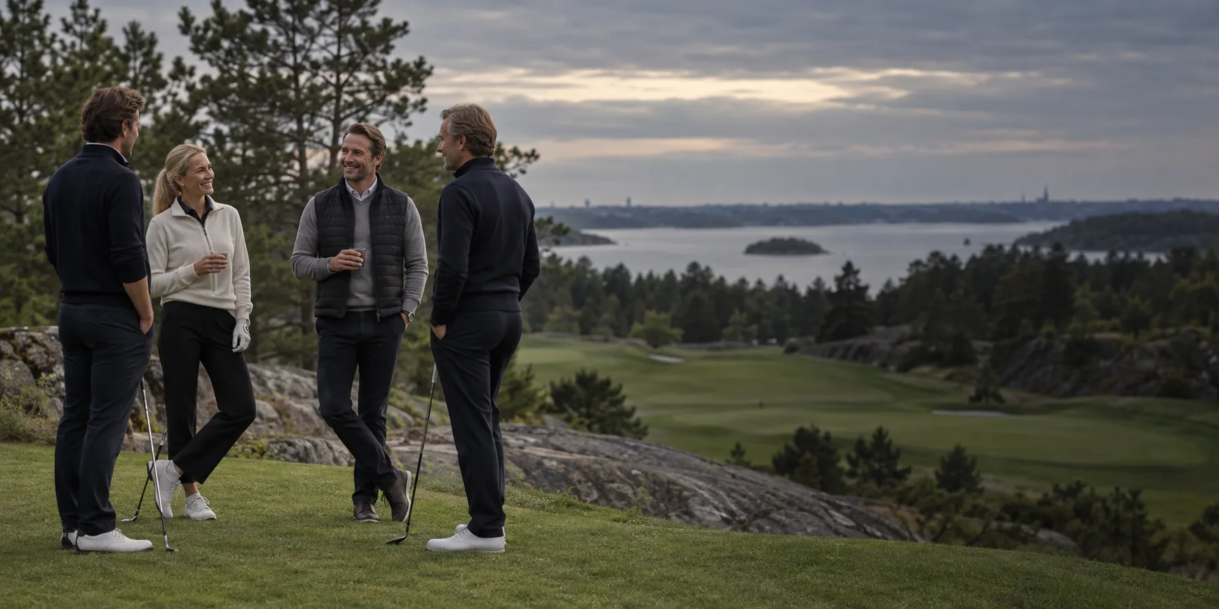 People talking on a golf course