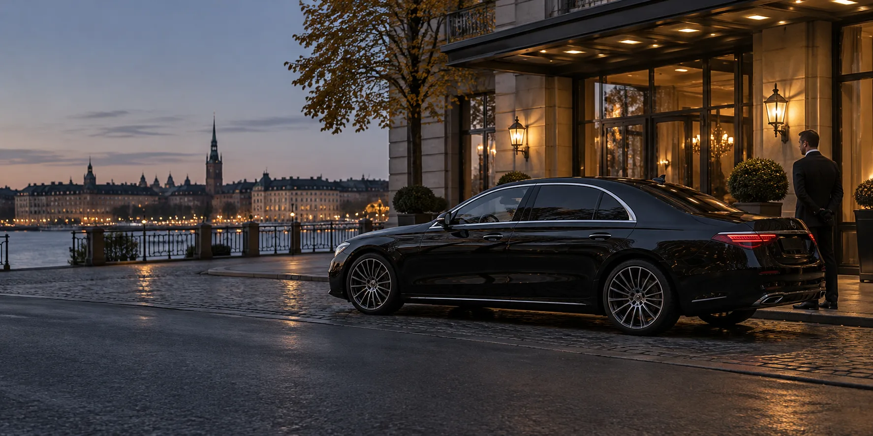 A black chauffeur car outside a building