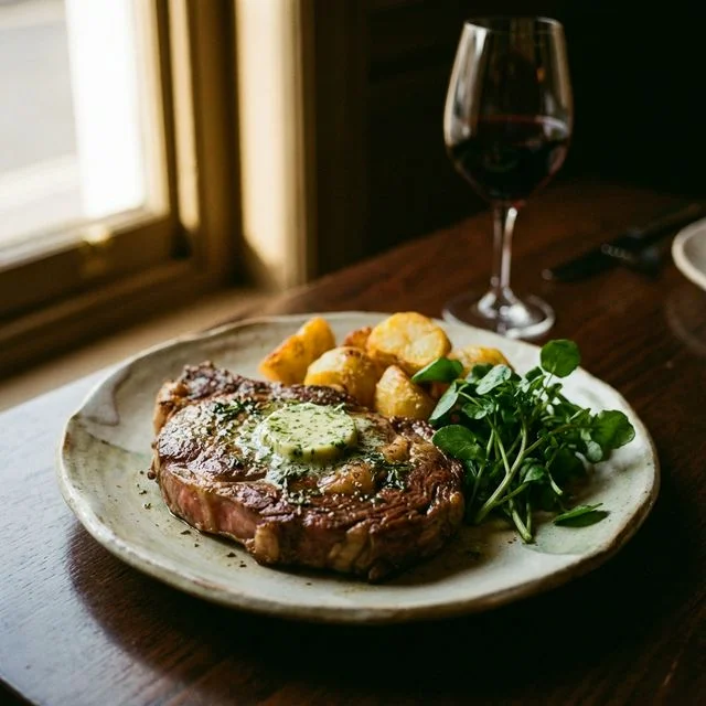 Perfectly cooked ribeye steak with herb butter