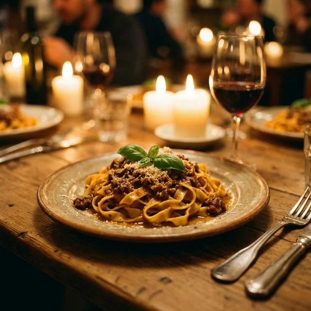 Beautifully plated pasta at a candlelit Italian restaurant