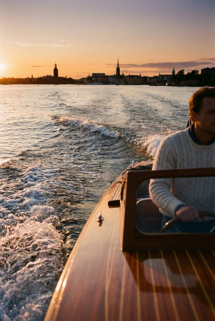 Classic wooden boat on Stockholm waters at golden hour